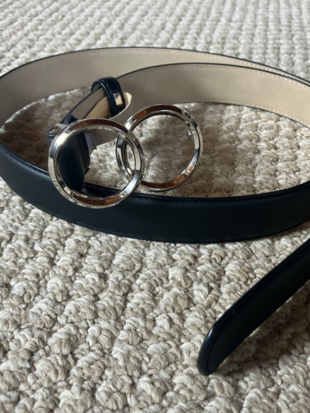NWOT VINCE CAMUTO Leather Double O-Ring Buckle Belt Women L Black Silver